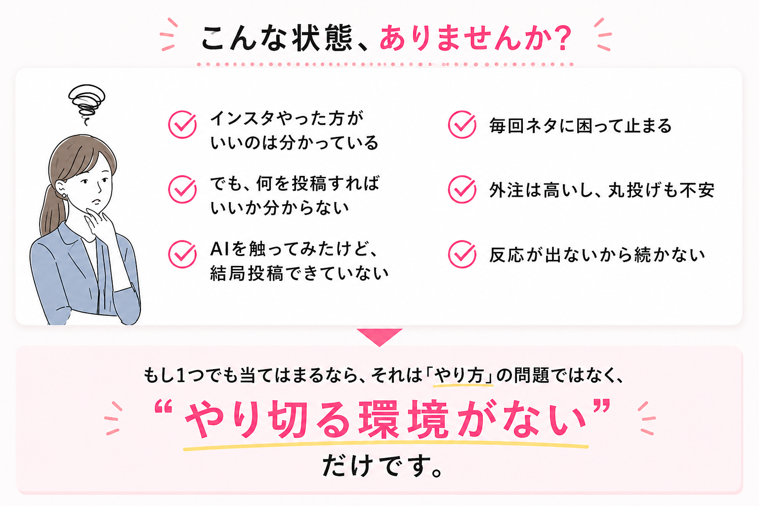 インスタ運用でよくある悩みと、やり切る環境がないという課題